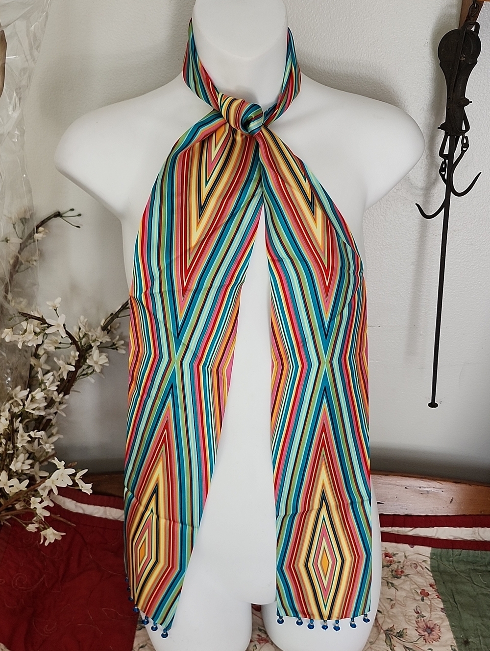 Retro Style Multicolor Striped Silk Neck Scarf/Head Scarf With Blue Bead Fringe